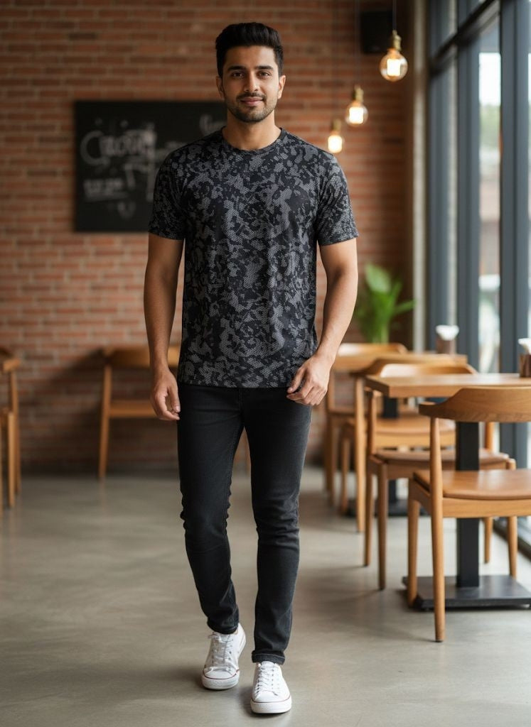 Mumtaz Black Textured Crew Neck Shirt