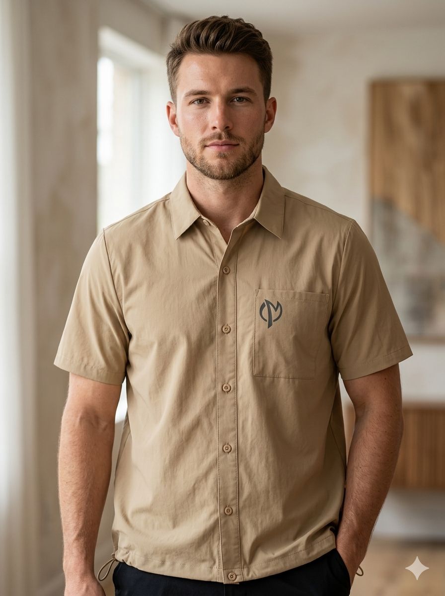 Mens Half-Sleeve Beige Cotton Shirt